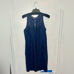 Donna Morgan lace sheath dress, keyhole back. Navy blue/deep indigo. Size 12.